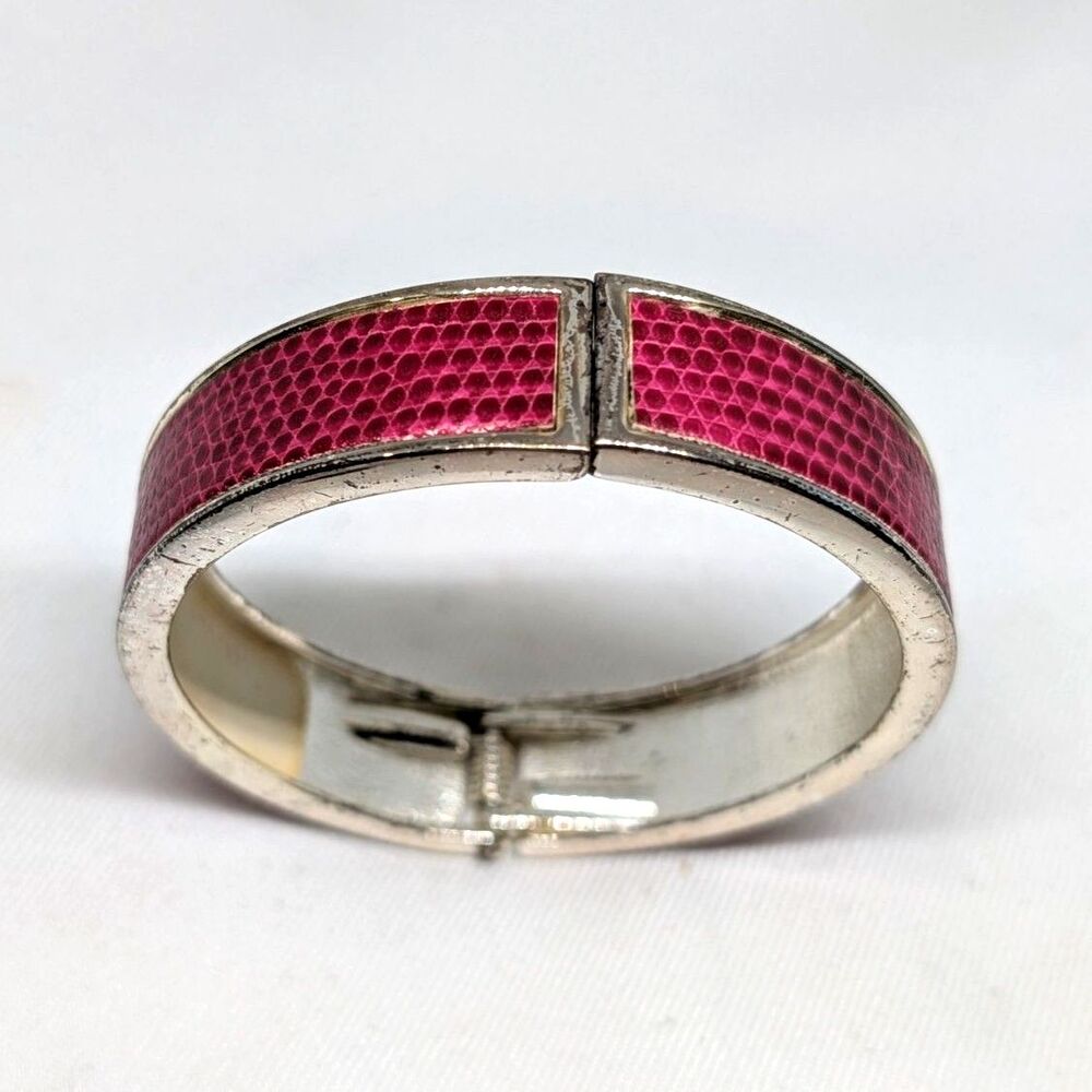 Vintage Pink Lizard Hinged Bangle Bracelet with Magnetic Closure